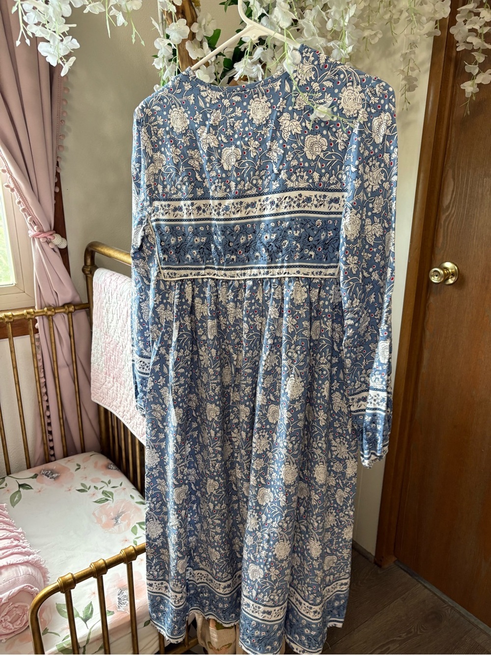 R Vibimos Blue Floral Midi Dress with Tassel Tie and Long Sleeves - Picture 5 of 5